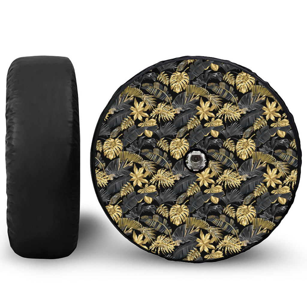 Black And Gold Tropical Pattern Print Tire Cover With Camera Hole