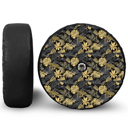 Black And Gold Tropical Pattern Print Tire Cover With Camera Hole