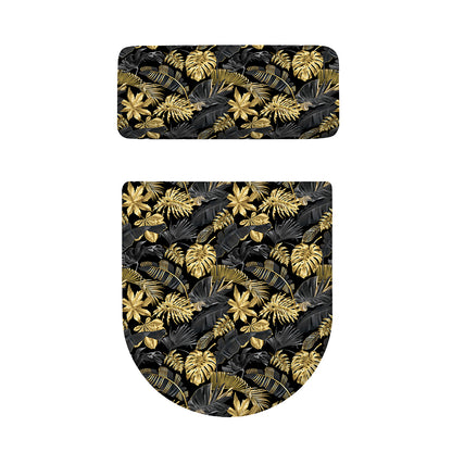 Black And Gold Tropical Pattern Print Toilet Lid And Tank Cover Set