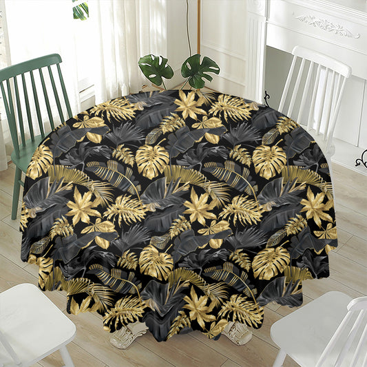 Black And Gold Tropical Pattern Print Waterproof Round Tablecloth