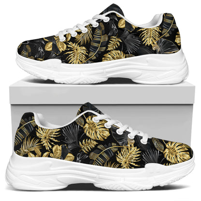 Black And Gold Tropical Pattern Print White Chunky Shoes