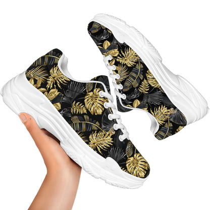 Black And Gold Tropical Pattern Print White Chunky Shoes
