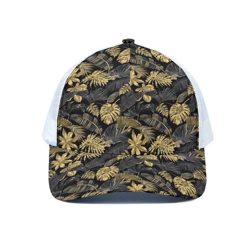 Black And Gold Tropical Pattern Print White Mesh Trucker Cap