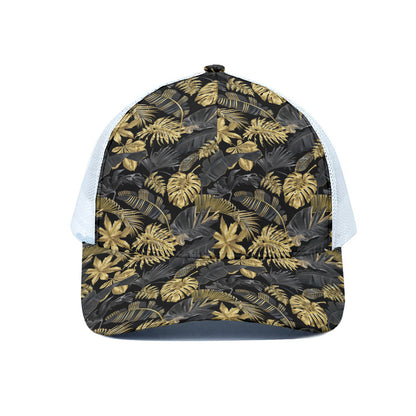 Black And Gold Tropical Pattern Print White Mesh Trucker Cap
