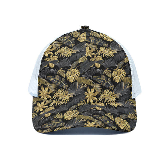 Black And Gold Tropical Pattern Print White Mesh Trucker Cap