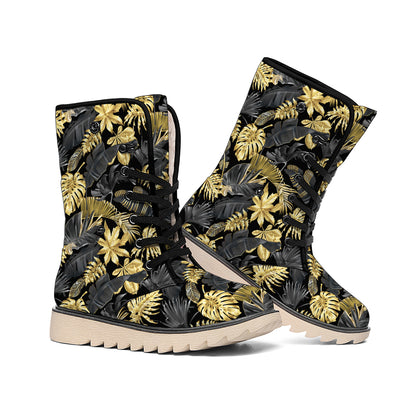 Black And Gold Tropical Pattern Print Winter Boots