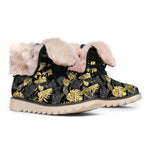 Black And Gold Tropical Pattern Print Winter Boots
