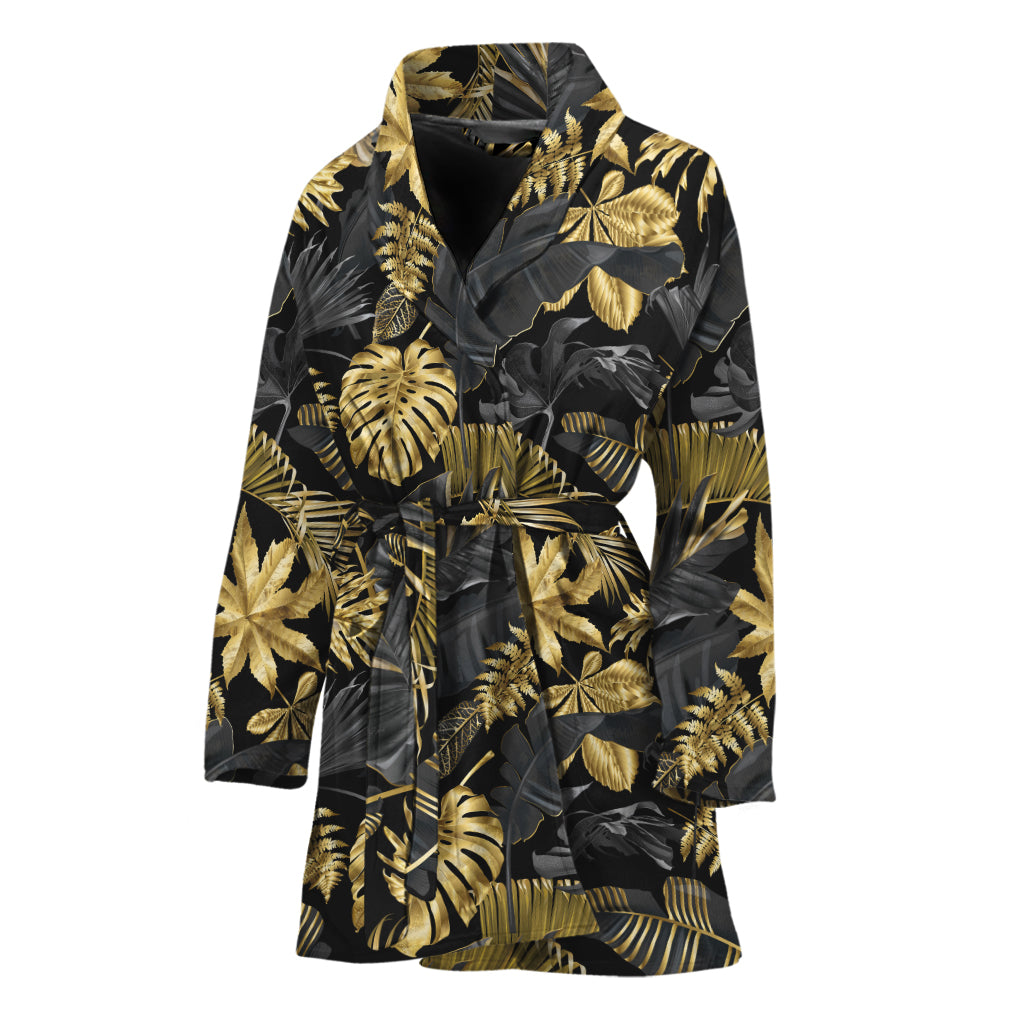 Black And Gold Tropical Pattern Print Women's Bathrobe