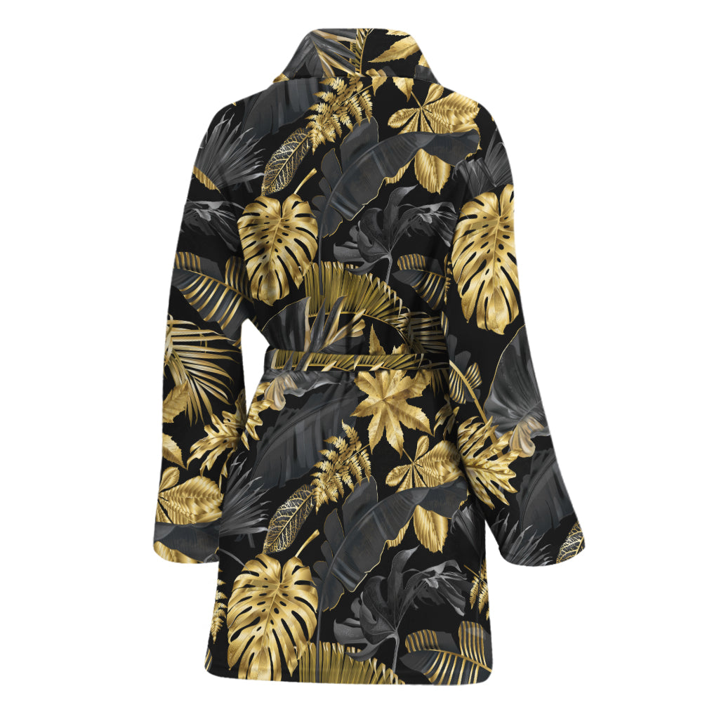 Black And Gold Tropical Pattern Print Women's Bathrobe