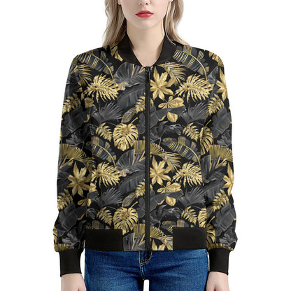 Black And Gold Tropical Pattern Print Women's Bomber Jacket