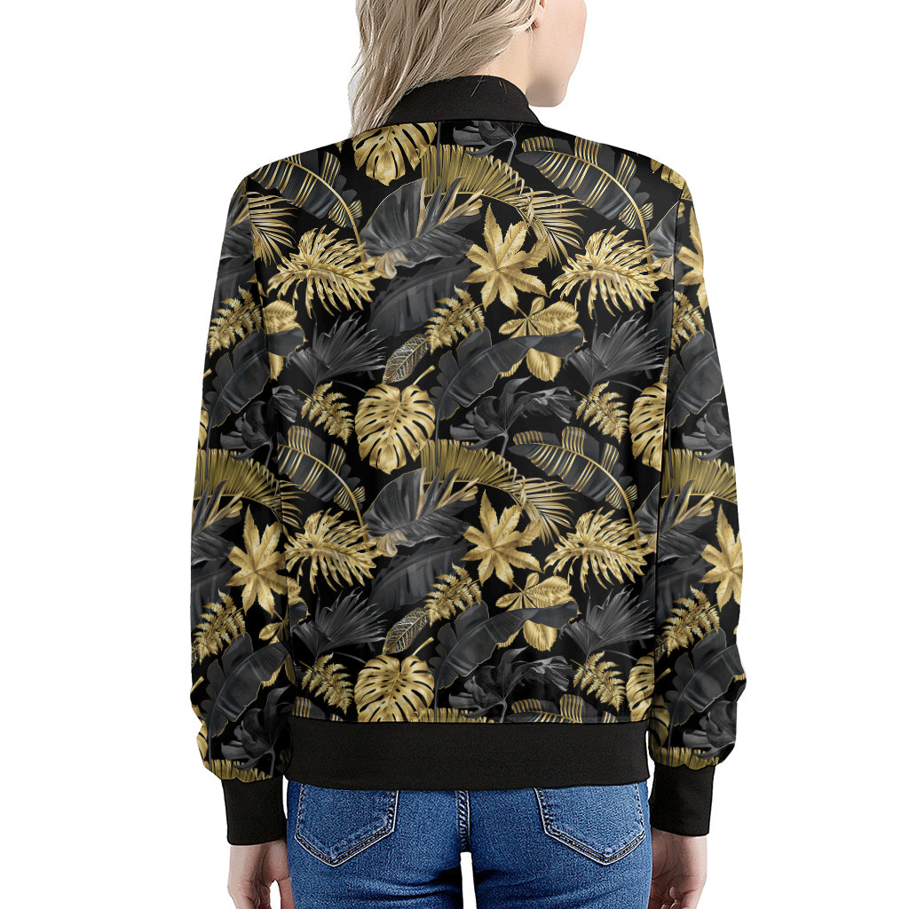 Black And Gold Tropical Pattern Print Women's Bomber Jacket