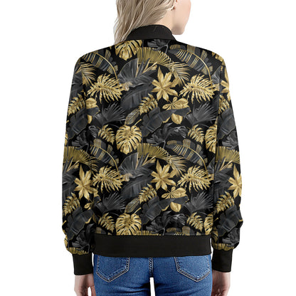 Black And Gold Tropical Pattern Print Women's Bomber Jacket