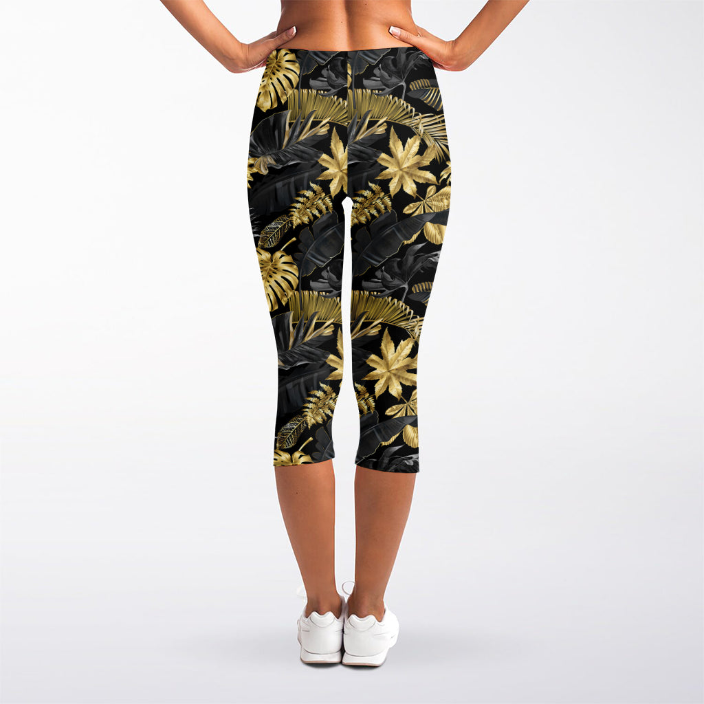 Black And Gold Tropical Pattern Print Women's Capri Leggings