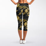 Black And Gold Tropical Pattern Print Women's Capri Leggings