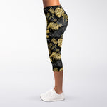 Black And Gold Tropical Pattern Print Women's Capri Leggings