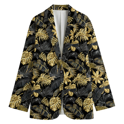 Black And Gold Tropical Pattern Print Women's Cotton Blazer