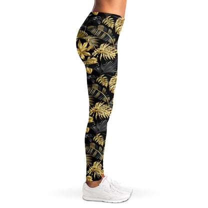 Black And Gold Tropical Pattern Print Women's Leggings