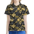 Black And Gold Tropical Pattern Print Women's Polo Shirt