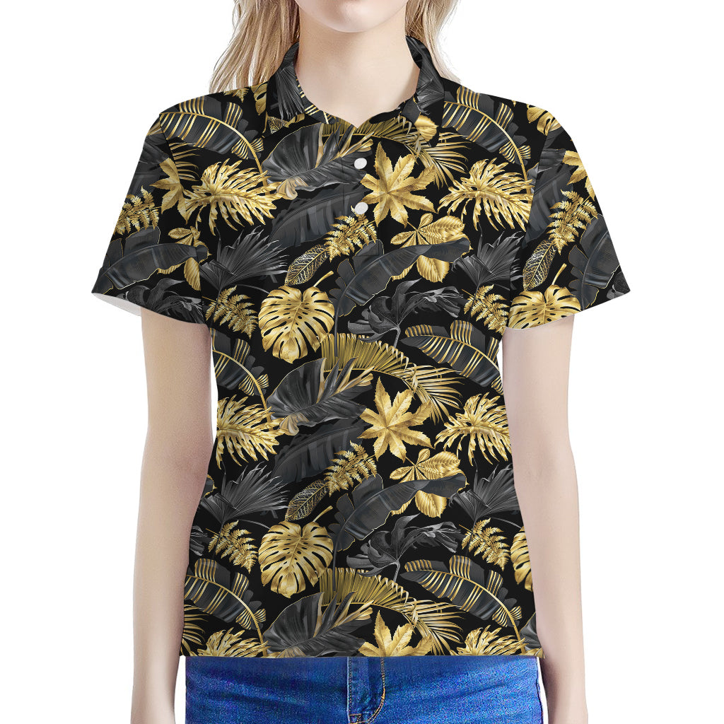 Black And Gold Tropical Pattern Print Women's Polo Shirt