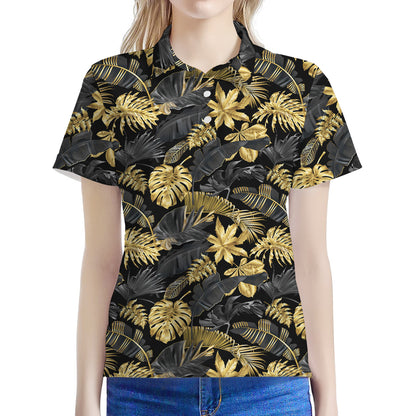 Black And Gold Tropical Pattern Print Women's Polo Shirt