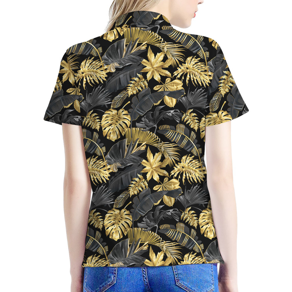 Black And Gold Tropical Pattern Print Women's Polo Shirt