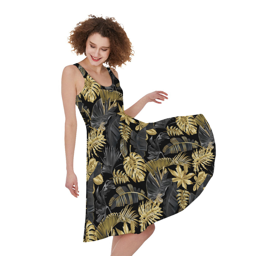 Black And Gold Tropical Pattern Print Women's Sleeveless Dress