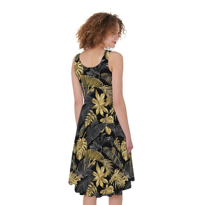 Black And Gold Tropical Pattern Print Women's Sleeveless Dress