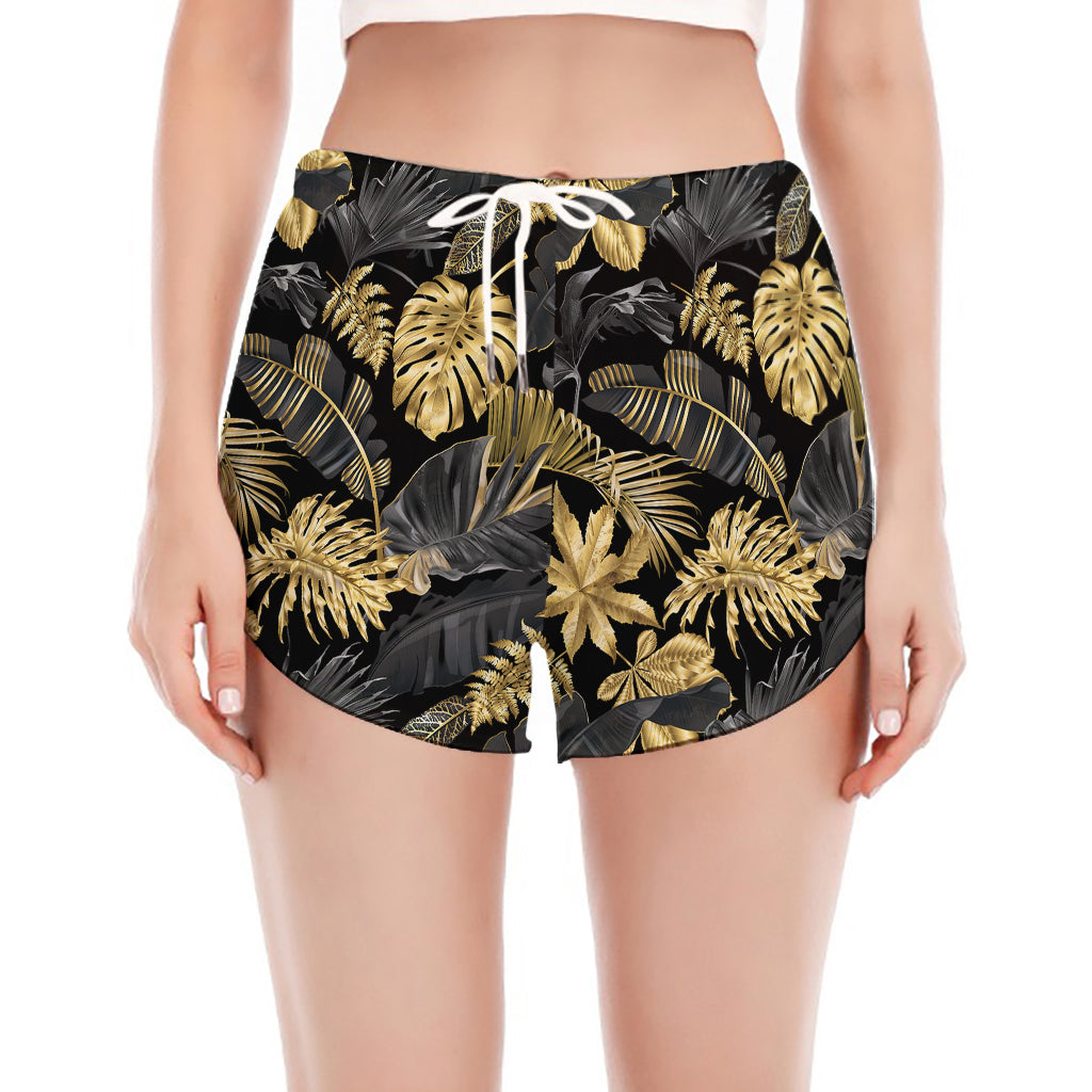 Black And Gold Tropical Pattern Print Women's Split Running Shorts