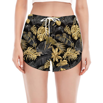 Black And Gold Tropical Pattern Print Women's Split Running Shorts