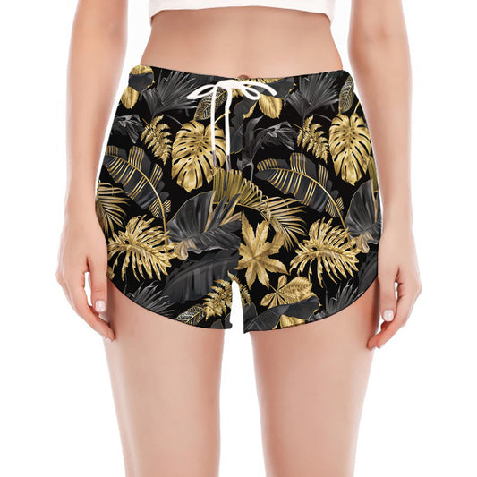 Black And Gold Tropical Pattern Print Women's Split Running Shorts