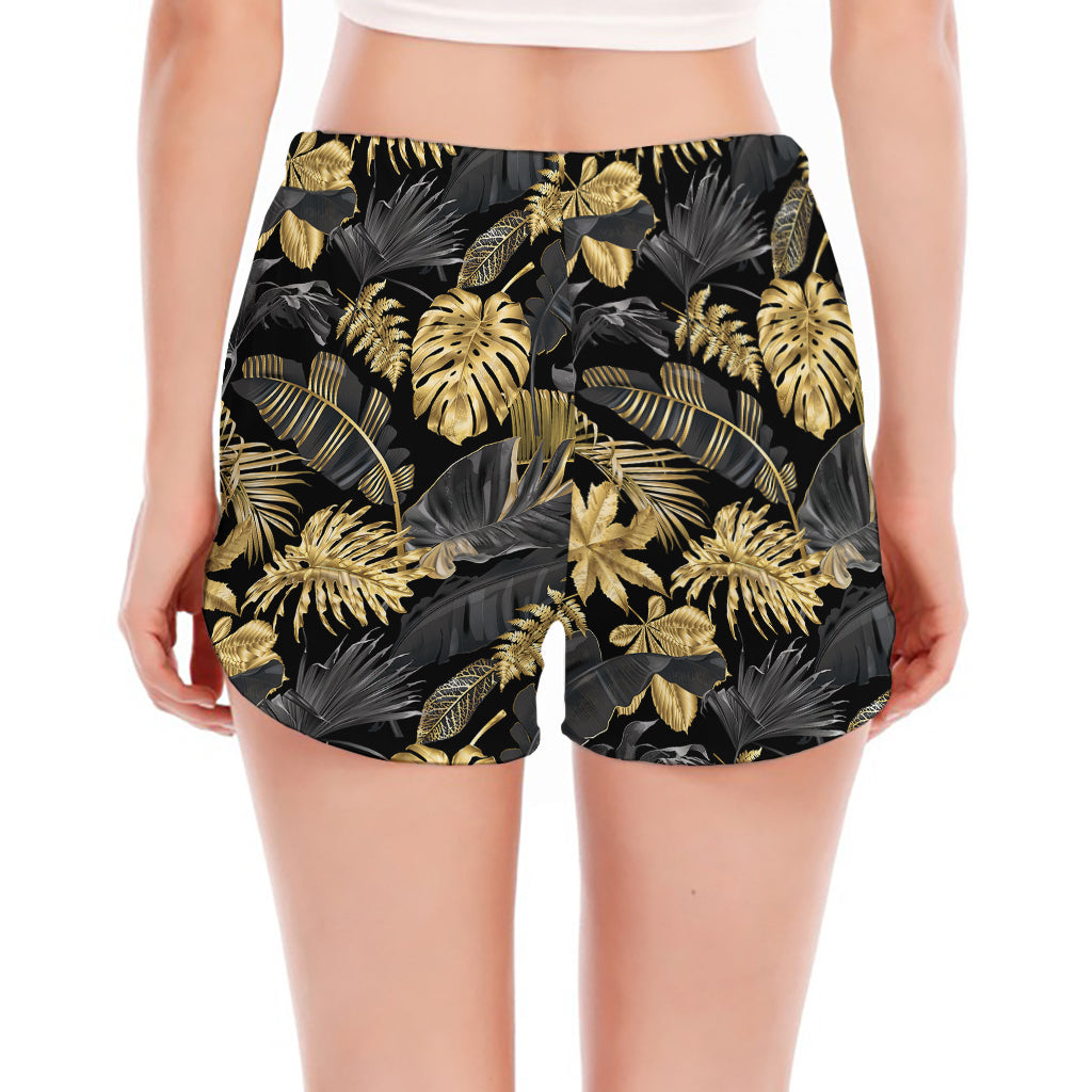 Black And Gold Tropical Pattern Print Women's Split Running Shorts
