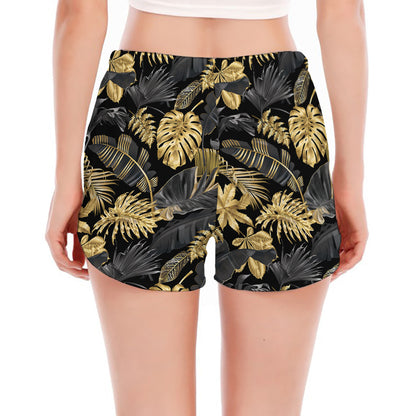 Black And Gold Tropical Pattern Print Women's Split Running Shorts