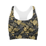 Black And Gold Tropical Pattern Print Women's Sports Bra