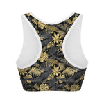Black And Gold Tropical Pattern Print Women's Sports Bra