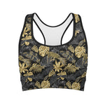 Black And Gold Tropical Pattern Print Women's Sports Bra
