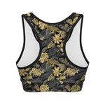 Black And Gold Tropical Pattern Print Women's Sports Bra