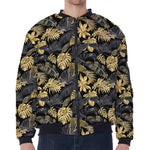 Black And Gold Tropical Pattern Print Zip Sleeve Bomber Jacket