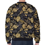 Black And Gold Tropical Pattern Print Zip Sleeve Bomber Jacket