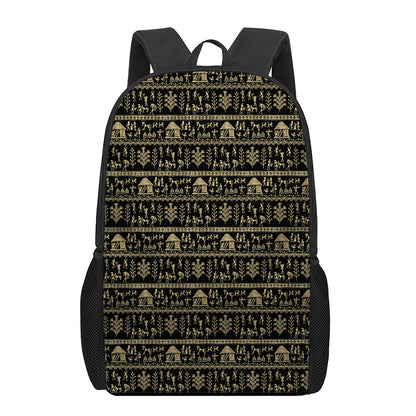 Black And Gold Warli Pattern Print 17 Inch Backpack