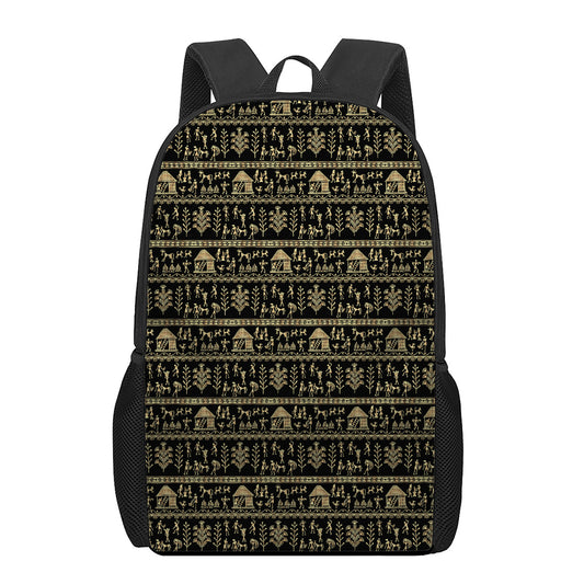 Black And Gold Warli Pattern Print 17 Inch Backpack