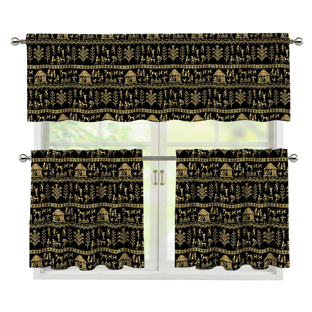 Black And Gold Warli Pattern Print 3 Piece Kitchen Curtains