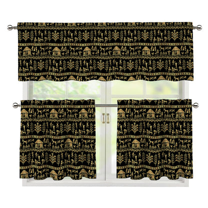 Black And Gold Warli Pattern Print 3 Piece Kitchen Curtains