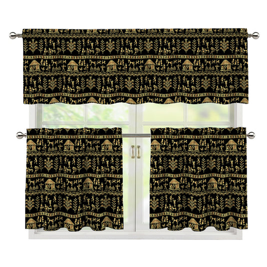 Black And Gold Warli Pattern Print 3 Piece Kitchen Curtains