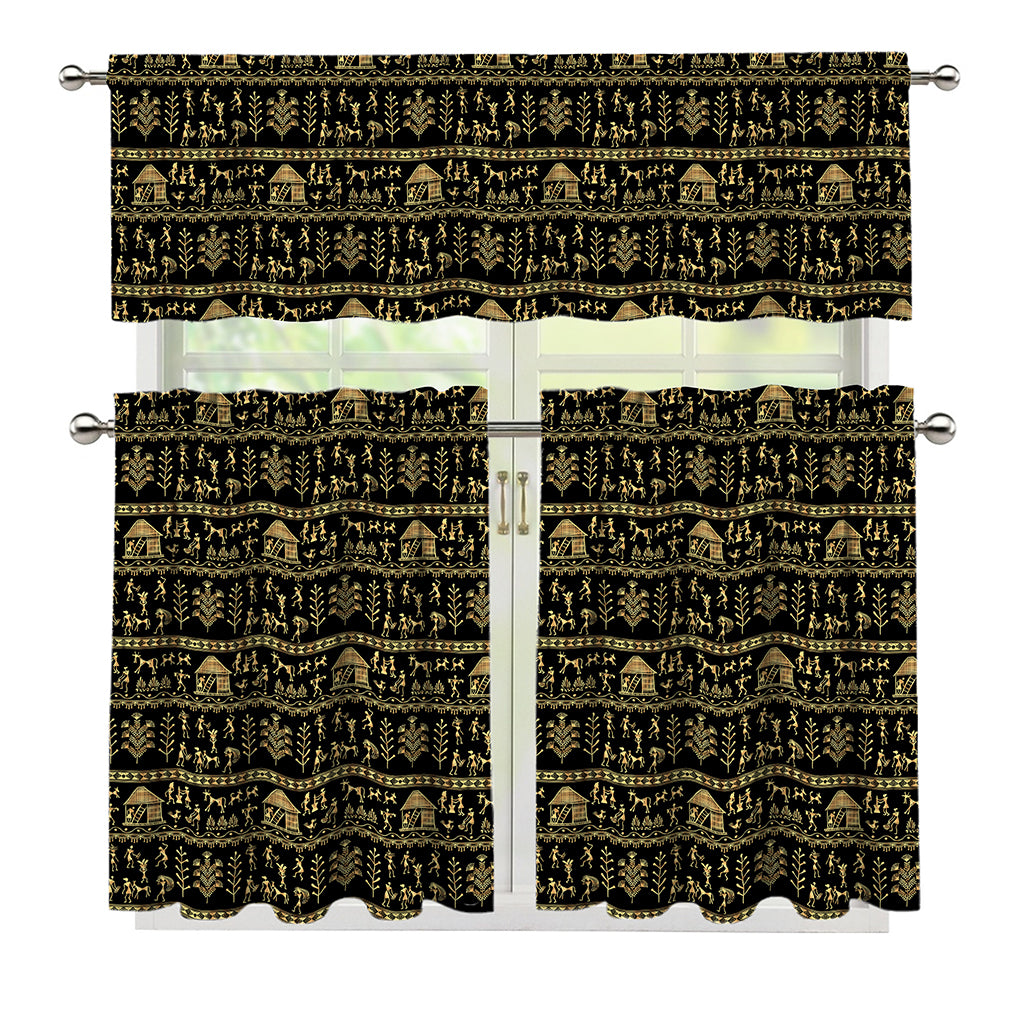 Black And Gold Warli Pattern Print 3 Piece Kitchen Curtains