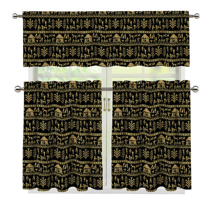 Black And Gold Warli Pattern Print 3 Piece Kitchen Curtains