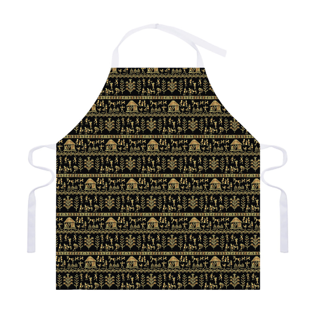 Black And Gold Warli Pattern Print Adjustable Apron