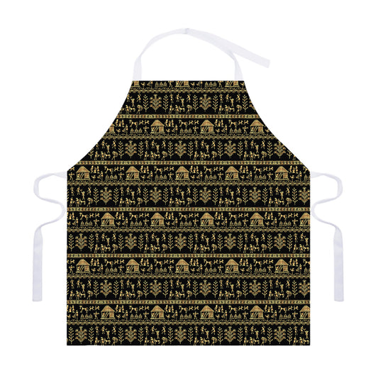 Black And Gold Warli Pattern Print Adjustable Apron