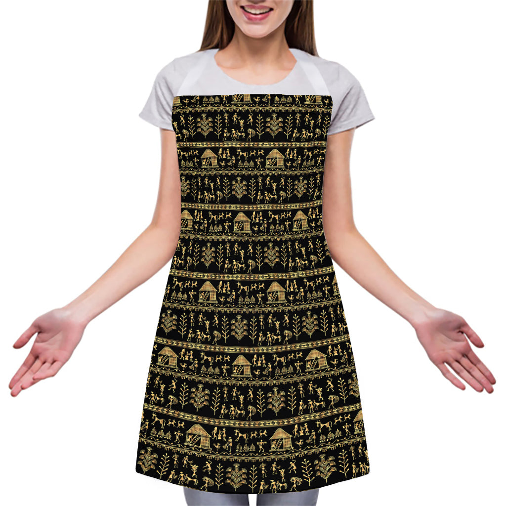 Black And Gold Warli Pattern Print Adjustable Apron