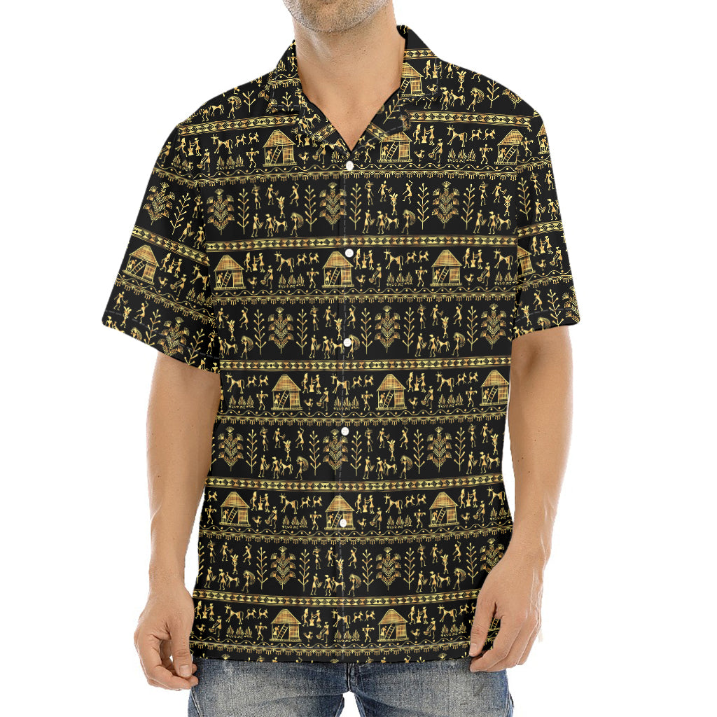 Black And Gold Warli Pattern Print Aloha Shirt