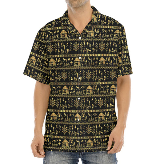Black And Gold Warli Pattern Print Aloha Shirt